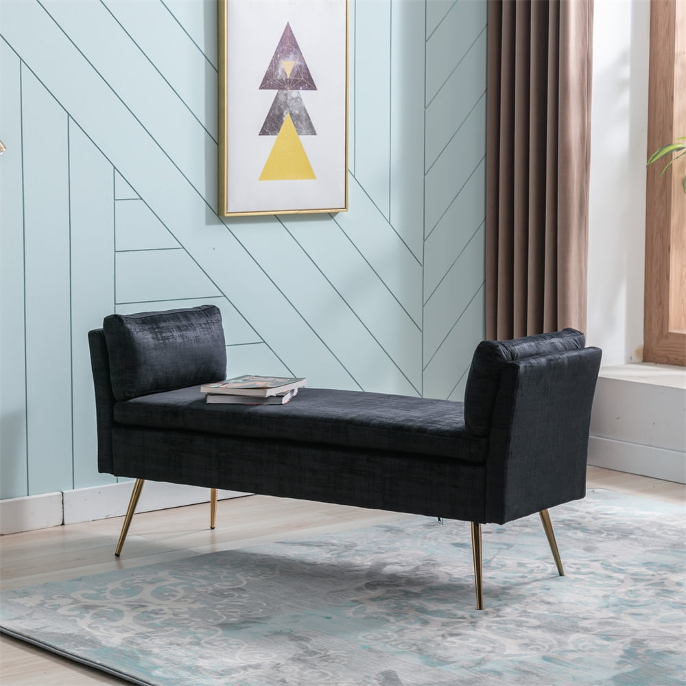 Velvet End of Bed Bench with Padded Seat, Upholstered Bench with Arms