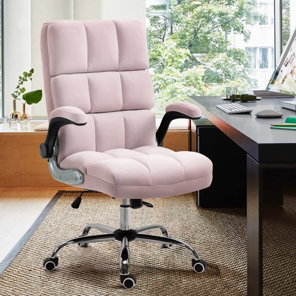 Velvet Executive Office Chair for Home Office, Study & Bedroom, Ergonomic Swivel Desk Chair with Flip-Up Arms & Tilt Lock, Beige/Gray/Pink/Purple