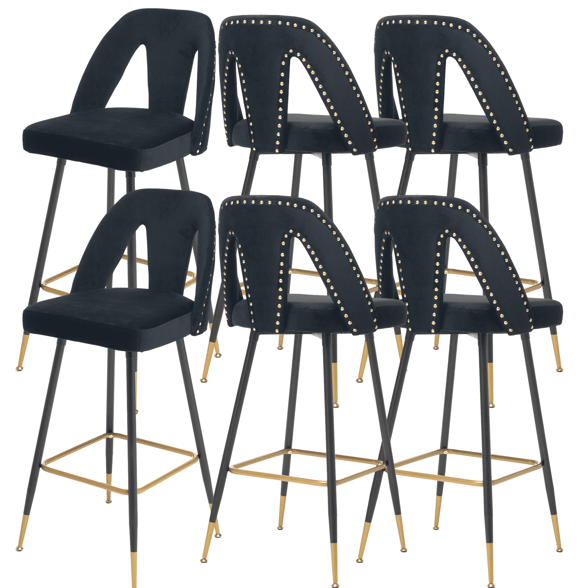 Velvet Fabric 29.5" Bar Stools with Nailheads and Gold Tipped Black, Modern Kitchen Stools with