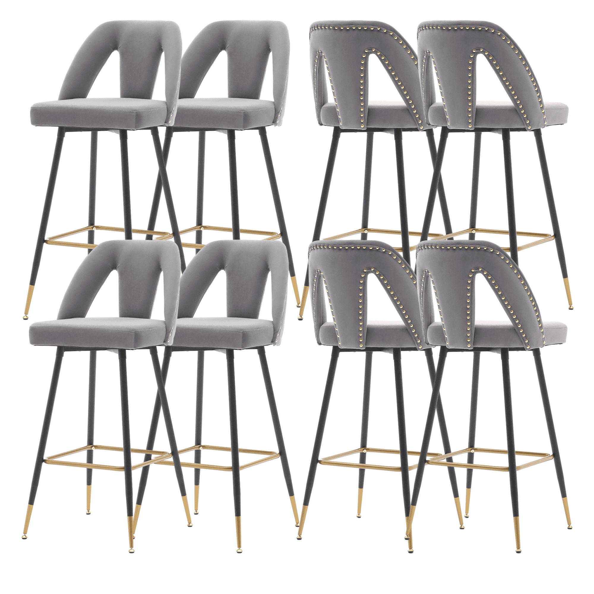 Velvet Fabric 29.5" Bar Stools with Nailheads and Gold Tipped Black