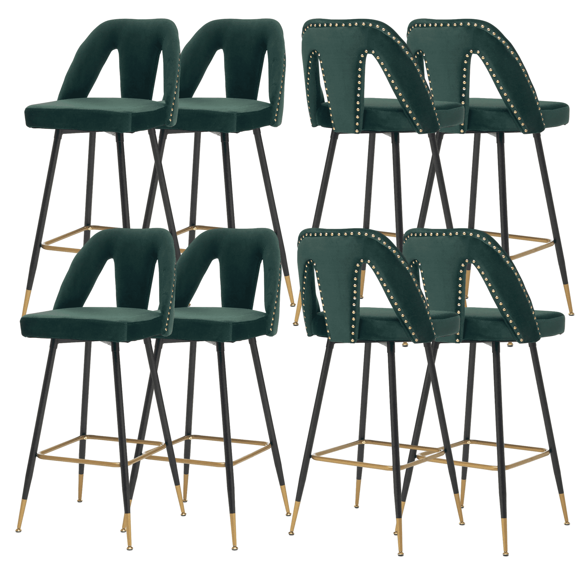 Velvet Fabric 29.5" Bar Stools with Nailheads and Gold Tipped Black