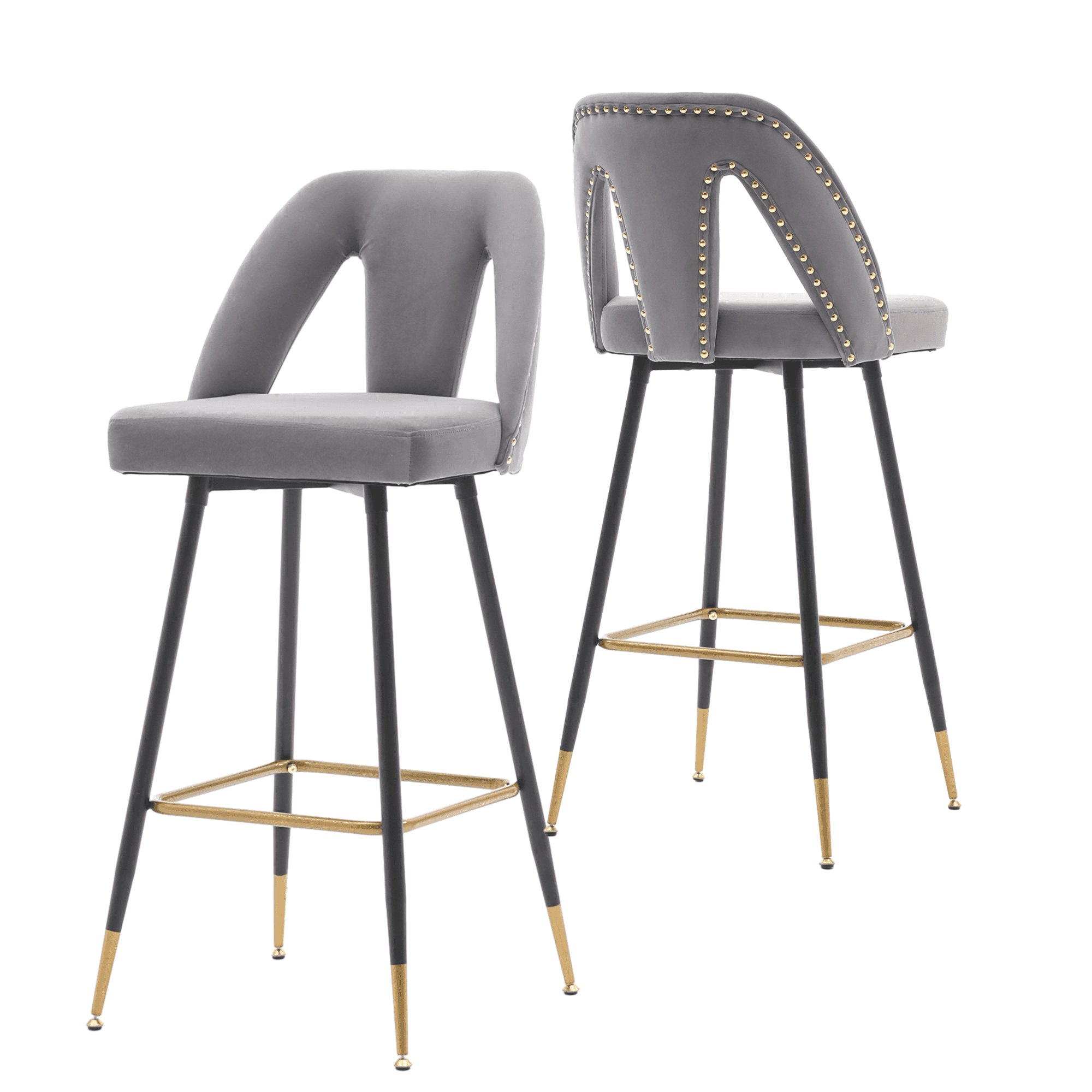 Velvet Fabric 29.5" Bar Stools with Nailheads and Gold Tipped Black, Modern Kitchen Stools with