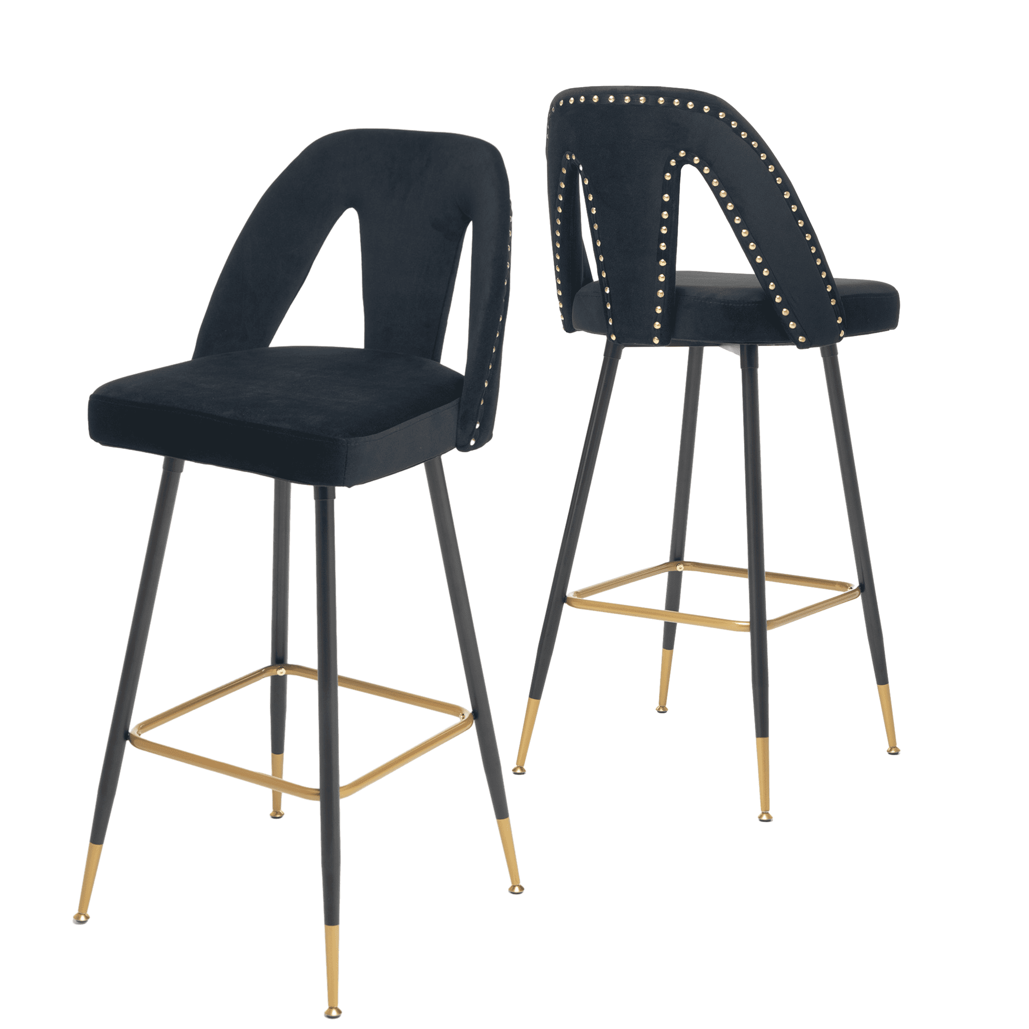 Velvet Fabric 29.5" Bar Stools with Nailheads and Gold Tipped Black