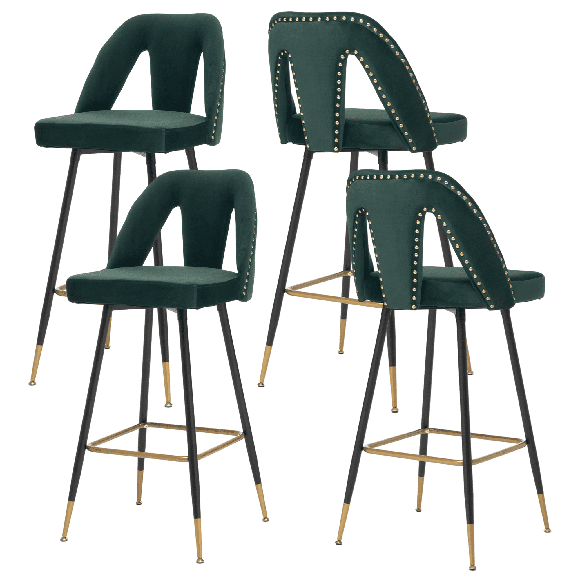 Velvet Fabric 29.5" Bar Stools with Nailheads and Gold Tipped Black
