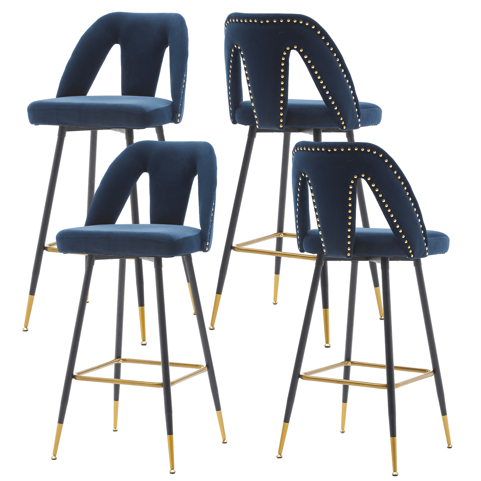 Velvet Fabric 29.5" Bar Stools with Nailheads and Gold Tipped Black, Modern Kitchen Stools with