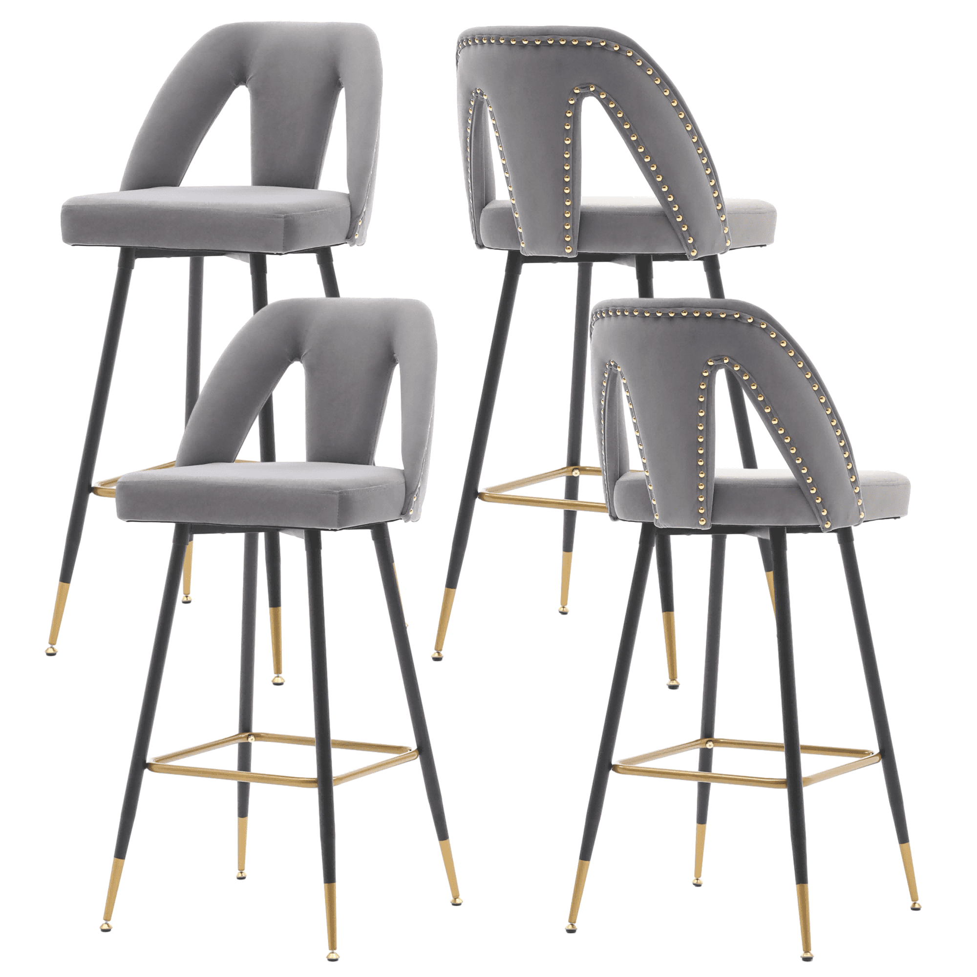 Velvet Fabric 29.5" Bar Stools with Nailheads and Gold Tipped Black