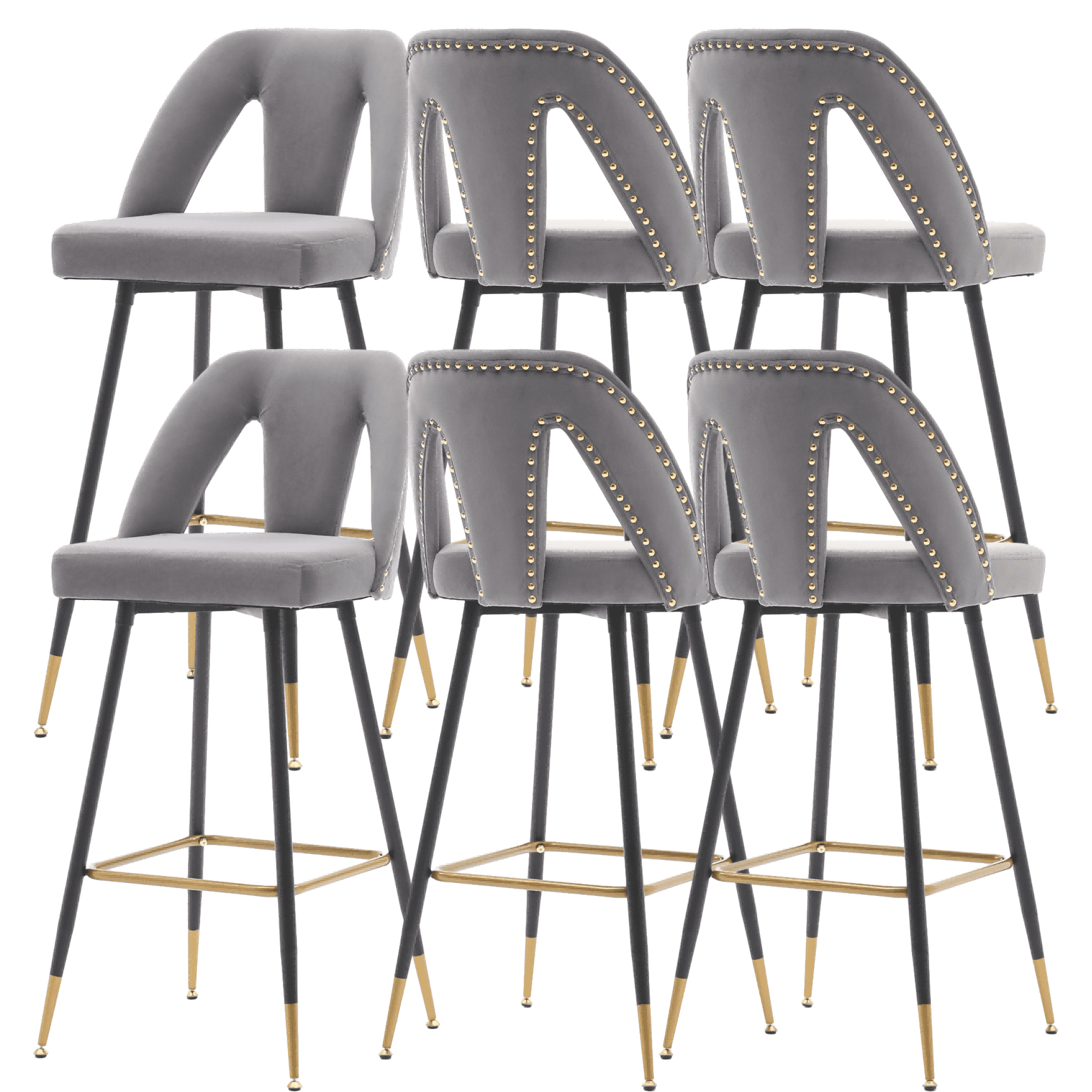 Velvet Fabric 29.5" Bar Stools with Nailheads and Gold Tipped Black, Modern Kitchen Stools with