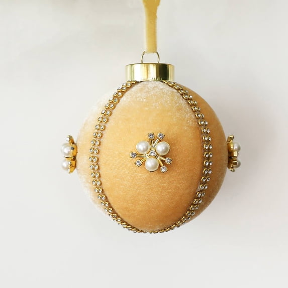 Velvet Fabric Covered Christmas Ball Ornaments with Rhinestones and Pearl Accents, 8cm Christmas Tree Decorations, Red Green Champagne Beige, 1 Count
