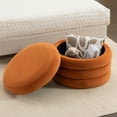 thumbnail image 1 of Velvet Fabric Round Ottoman Footstool with Wooden Shelving, Built-In 54l Large Capacity Storage Space for Store Daily Supplies, Orange, 1 of 9