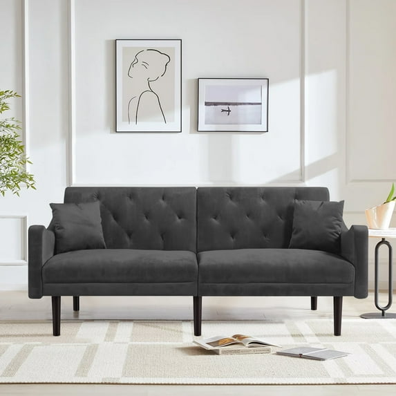 Velvet Fabric Sofa Couch, 65.3 inch Wide Mid Century Modern Living Room Couch 700lb Heavy Duty with 2 Throw Pillows, Gray