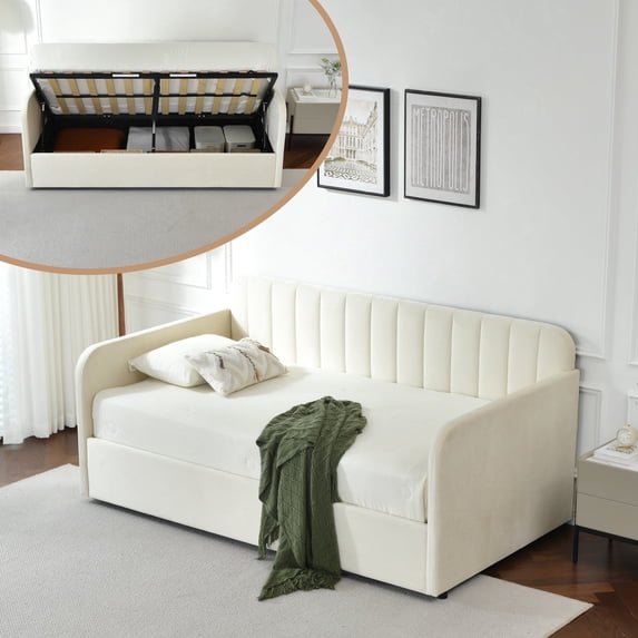 Zanmintaobo Velvet Upholstered Daybed with Lift up Storage,Vertical Channel Tufted Headboard,No Box Spring Needed,Easy Assembly,Cream