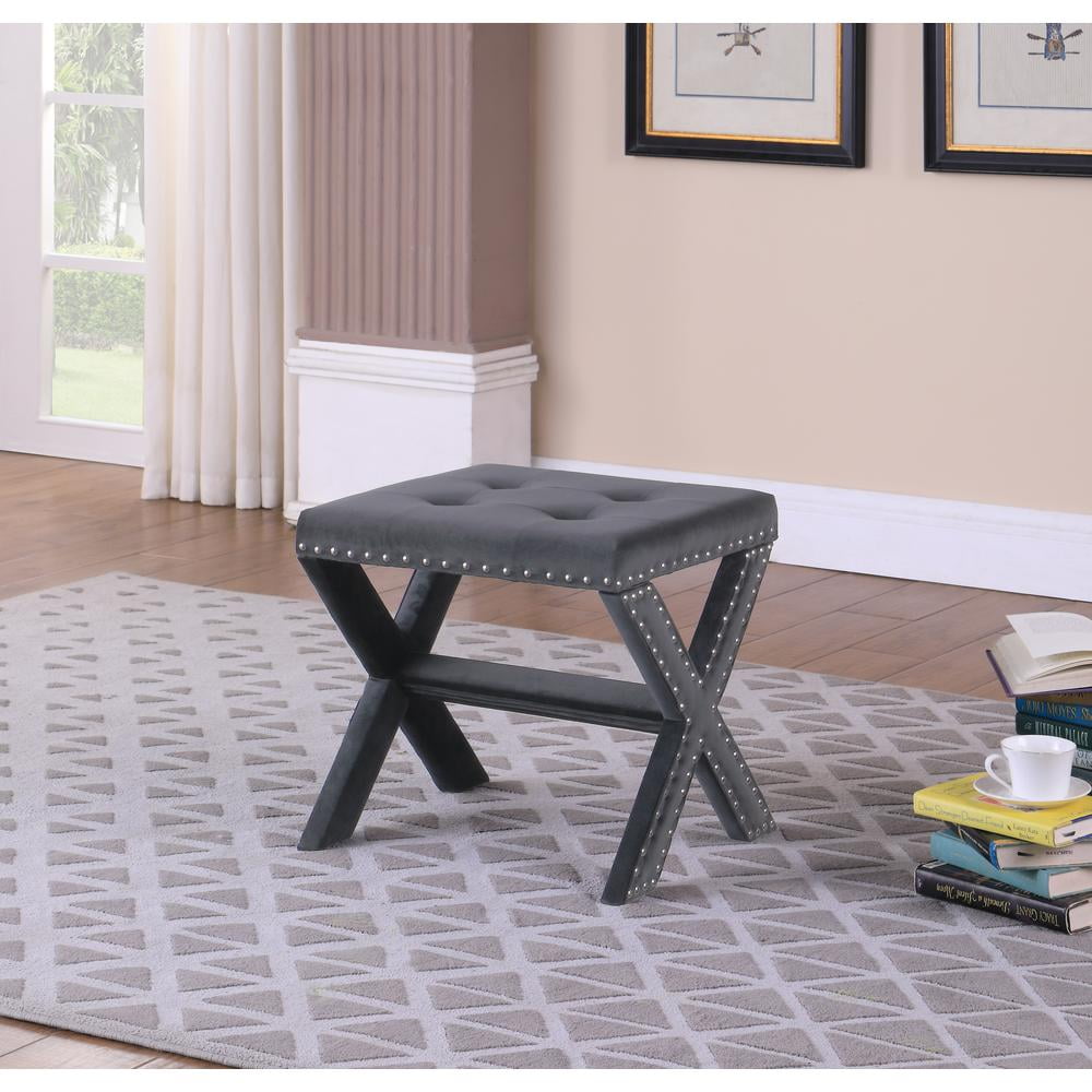 Gray Velvet Upholstered Square Accent Bench with Nailhead Trim