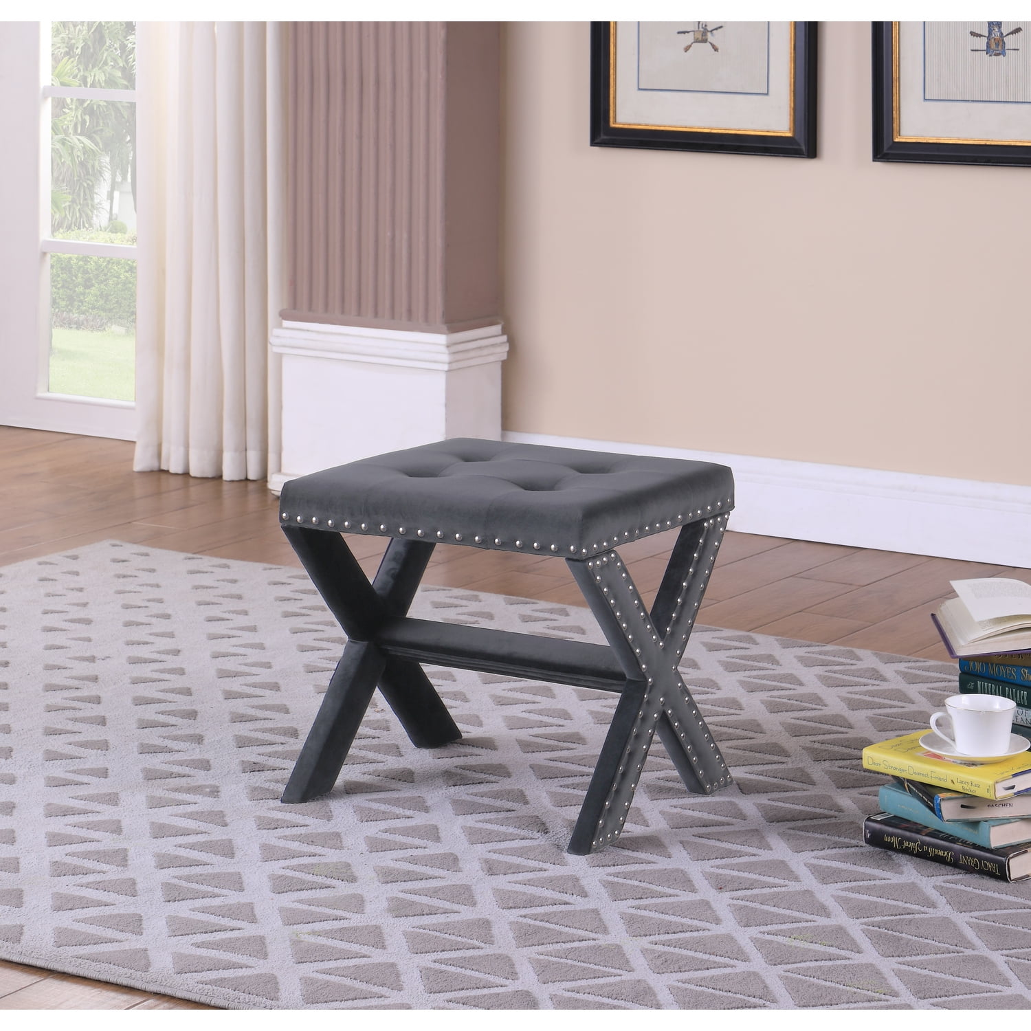 Gray Velvet Upholstered Square Accent Bench with Nailhead Trim