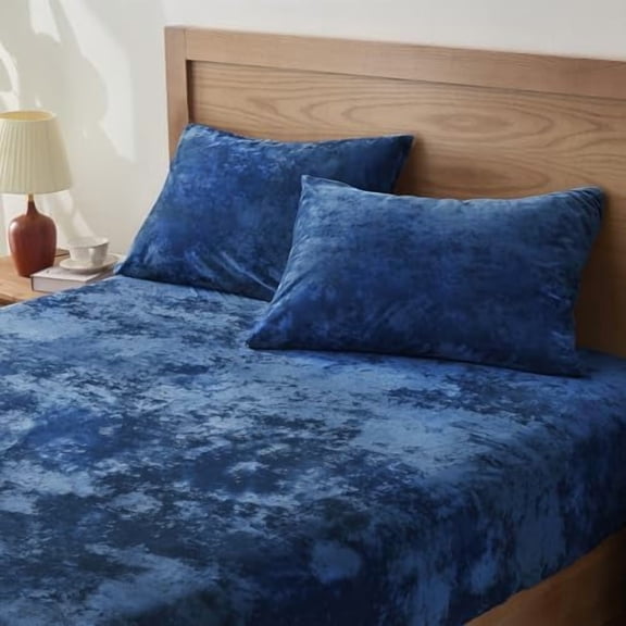 Velvet Fitted Sheet and Pillowcase Set, Luxury Soft Fuzzy Bottom Sheet with Reinforced Elastic Corner Straps, Deep Pocket up to 15 Inch, 1 Fitted Sheet and 1 Pillowcase (Twin XL, Navy Blue)