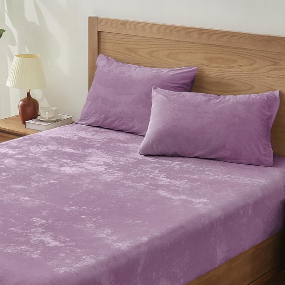 Velvet Fitted Sheet and Pillowcases Set, Luxury Soft Fuzzy Bottom Sheet with Reinforced Elastic Corner Straps, Deep Pocket up to 15 Inch, 1 Fitted Sheet and 2 Pillowcases (Queen, Lavender)