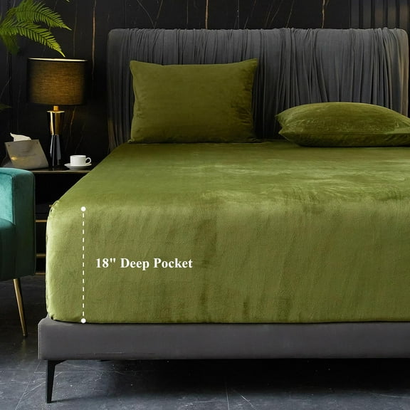 Velvet Fitted Sheet Queen Size, 1 Pack Luxury Flannel Bed Sheets with 18” Extra Deep Pocket Queen Fitted Sheet Only Extra Soft Cozy Comfy Warmth Plush Green Velvet Bottom Sheets No Pillowcases