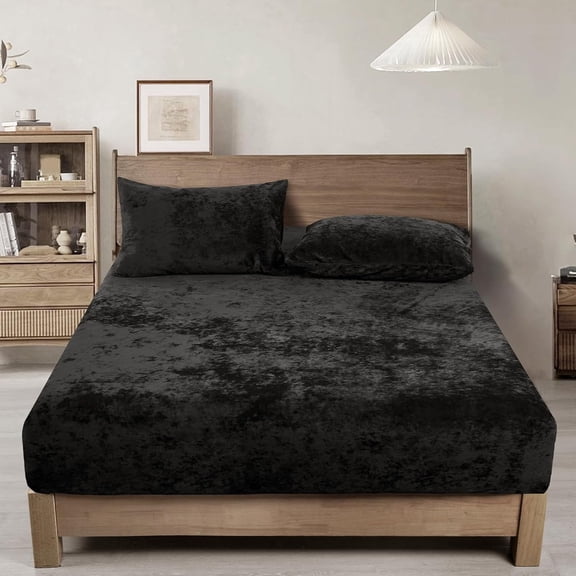 Velvet Fitted Sheet Set with Pillowcase King Size, Double Sided Flannel Sheet with 16" Deep Pocket for Winter, Black