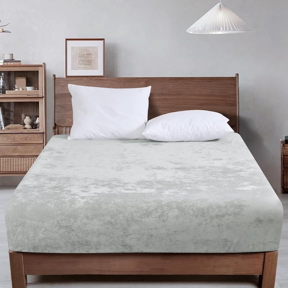 Velvet Fitted Sheet Set with Pillowcase King Size, Double Sided Flannel Sheet with 16" Deep Pocket for Winter, Light Gray