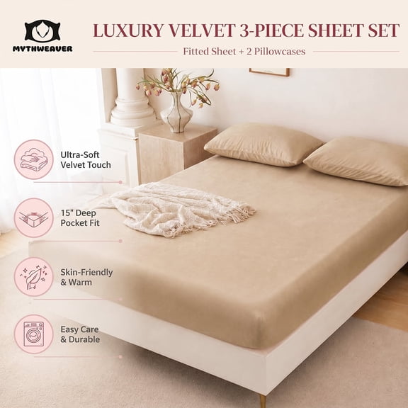 Velvet Fitted Sheet Set with Pillowcase Queen Size, Double Sided Flannel Sheet with 16" Deep Pocket for Winter, Cream Apricot