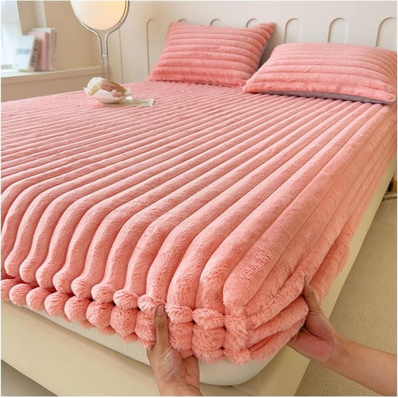 Velvet Fitted Sheet, Soft Plush Fitted Sheet Bedspread, Winter Warm Thickened Fitted Bed Sheet, Soft Plush Bedcover Mattress Cover with Elastic, Bedsheet Bed Sheet Mattress Protector