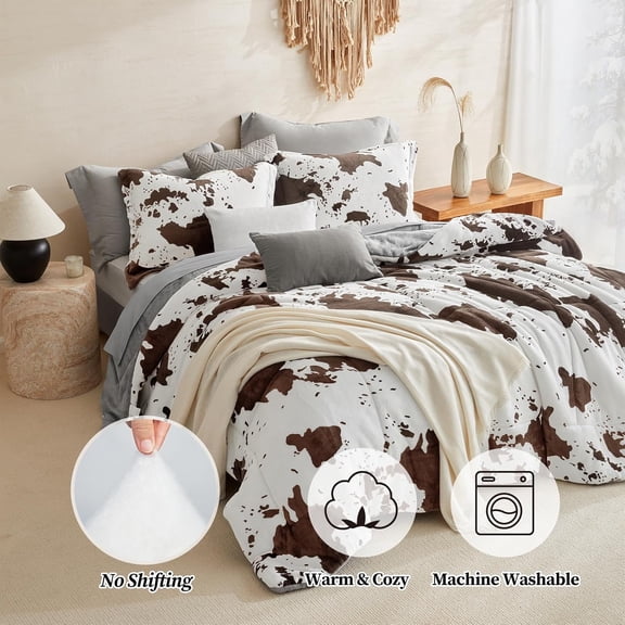 Velvet Flannel King Comforter Set - Cow Print Western Style Blanket, Luxury Fuzzy Heavy Bedding Set, 3 Pieces Plush Winter Bed Set with Comforter (90"x104") & 2 Pillow Shams (20"x36")