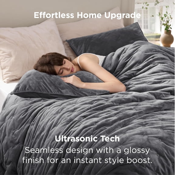 Velvet Fleece Comforter Set King, Dark Grey Lightweight Quilted Bedding Set, Soft Warm Blanket for All Season, 3 Pieces, 1 Comforter (104" x 90") and 2 Pillow Shams (20" x 36")