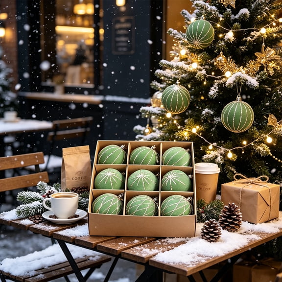 Velvet Flocked Christmas Ball Ornaments, 9Pcs 3.15In Sage Green Shatterproof Xmas Baubles with Glitter Detail, Hanging Decor for Christmas Tree, Wreath, Mantel and Seasonal Arrangement