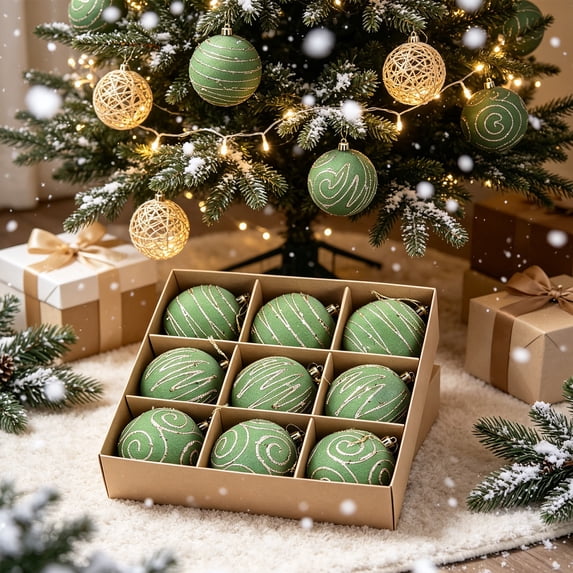 Velvet Flocked Christmas Ball Ornaments, 9Pcs 3.15In Sage Green Shatterproof Xmas Baubles with Glitter Detail, Hanging Decor for Christmas Tree, Wreath, Mantel and Seasonal Arrangement