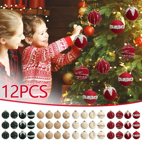 Velvet Flocked Christmas Balls 12PC - Shatterproof Hanging Christmas Baubles, Flocked and Beaded Tree Balls Ornaments for Winter Wedding Photo Backdrops Mantel