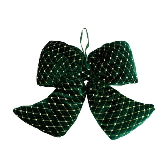 Velvet Flocking Christmas Bow Ornament – Green Decorative Tree Topper with Hanging Loop, Soft Fabric Holiday Ribbon for Gift Wrap, Wreaths, Banners, 12in