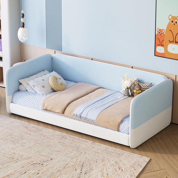 Velvet Floor Bed Frame Twin Size with Headboard and Armrests, Low Profile Bed Frame for Kids, Saving Space and No Box Spring Needed, Blue