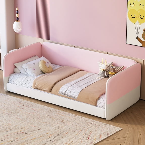 Velvet Floor Bed Frame Twin Size with Headboard and Armrests, Low Profile Bed Frame for Kids, Saving Space and No Box Spring Needed, Pink