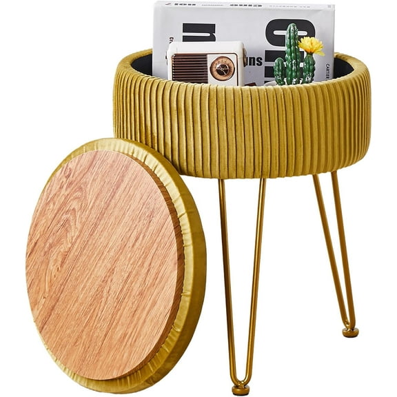 Velvet Foot Rest Stool Multipurpose Dressing Stools Upholstered Round Storage Ottoman Modern Soft Vanity Chair with Memory Foam Seat Yellow