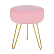 Velvet Footrest Stool Ottoman Round Modern Upholstered Vanity Footstool Side Table Seat Dressing Chair with Golden Metal Leg Pink