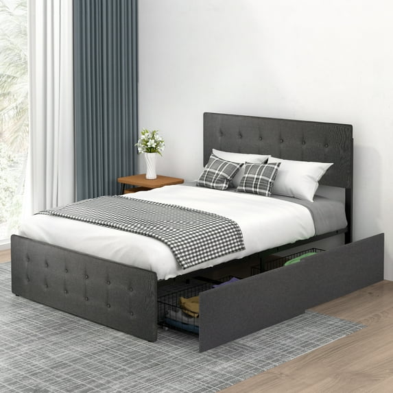 Velvet Full Bed Frame with 4 Storage Drawers,Grey Full Size Platform Bed Frame with Headboard and Wooden Slats Support