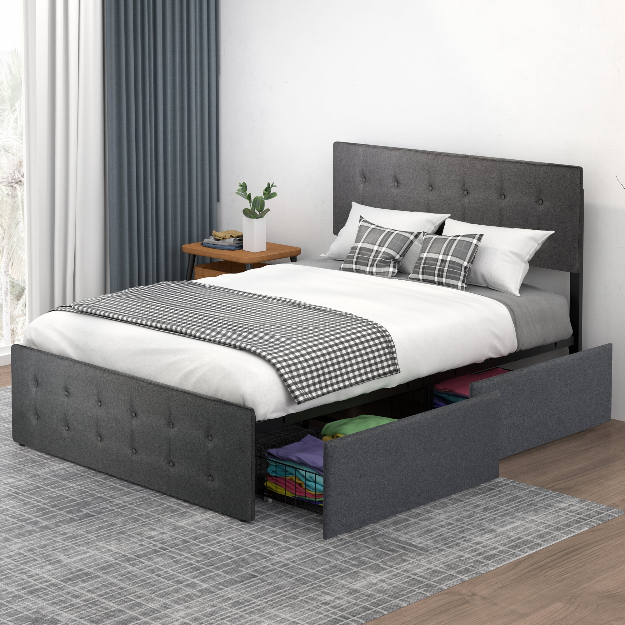 Velvet Full Bed Frame with 4 Storage Drawers,Grey Full Size Platform ...