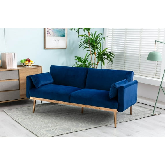 Velvet Futon Couch, Mid-Century Sofa Couch with 2 Pillows, Modern Upholstered Loveseat Sofa with Rose Gold Metal Feet, Folding Sofa Bed, Accent Sofa, for Living Room, Bedroom, Navy