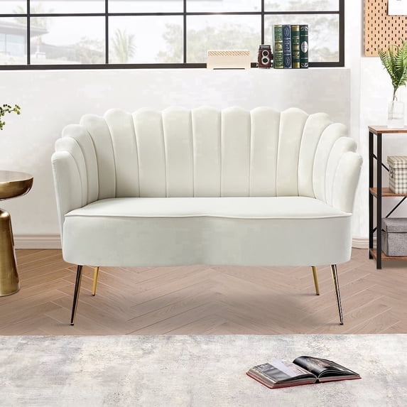 Tina's Home Velvet Upholstered Loveseat Sofa with Gold Metal Legs, Elegant Ivory 2-Seater Accent Couch with Floral Back for Living Room, Bedroom, or Home Office