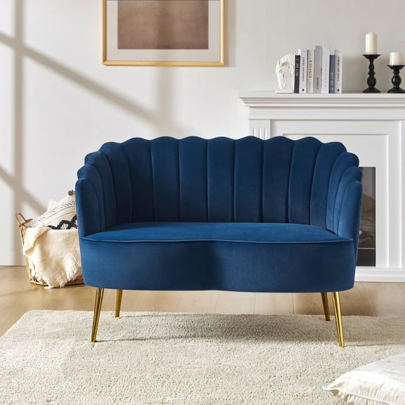 Velvet Futon Loveseat Sofa, 2-Seater Upholstered Couch with Flower-Shaped Back and Gold Metal Legs, Navy Blue