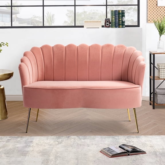 Velvet Futon Loveseat Sofa Upholstered Tufted 2 Seater Flower Shaped Golden Leg Home Living Room Bedroom Pink