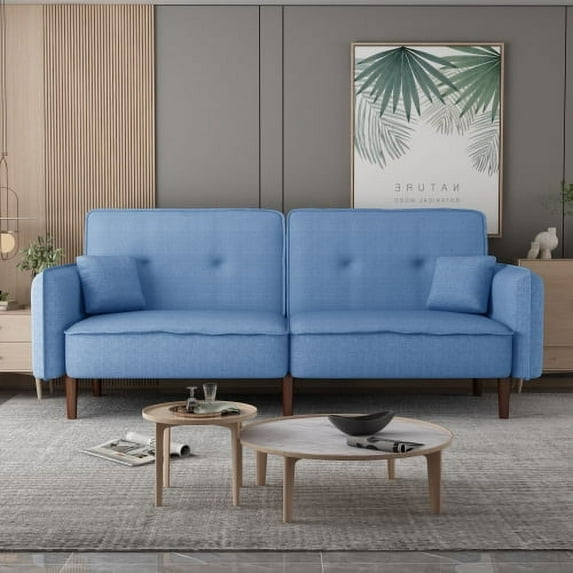 Velvet Futon Sofa Bed with 3 Inclined Angles,Modern Upholstered Sleeper Storge Sofa Couch with 2 Pillows and Solid Wood Legs,for Compact Living Space, Apartment (Blue Fabric)