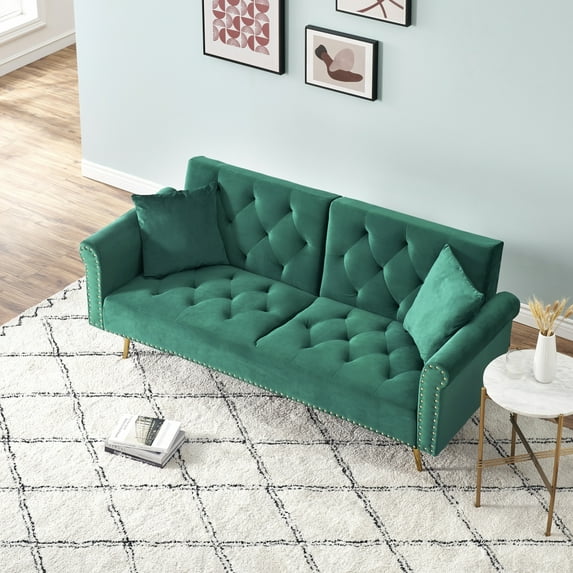 Velvet Futon Sofa Bed with 5 Golden Metal Legs, Sleeper Sofa Couch with Nail Decorate and 2 Pillows, Convertible Loveseat for Living Room and Bedroom, Green