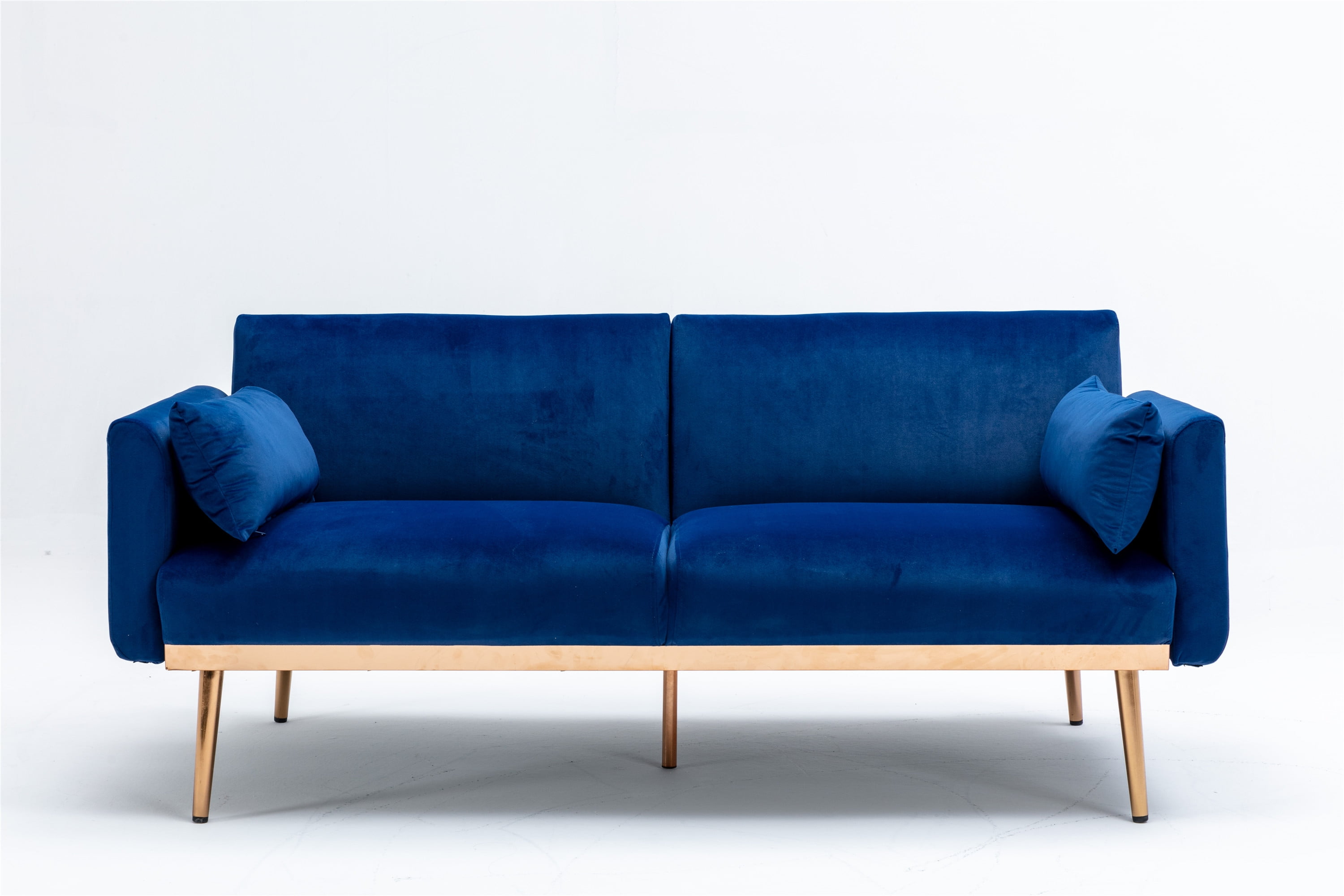 Velvet Futon Sofa Bed, Folding Futon Couch with Rose Gold Metal Feet and 2 Pillows Modern