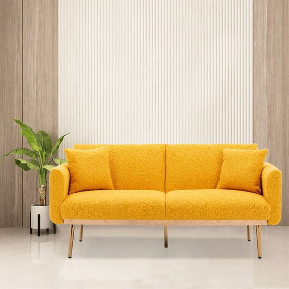 Velvet Futon Sofa Bed Loveseat Sofa with 5 Rose Gold Metal Legs,Modern Upholstered Sleeper Sofa Couch with 2 Pillows,Convertible Loveseat Accent Sofa Furniture for Living Room Office Apartment,Mustard