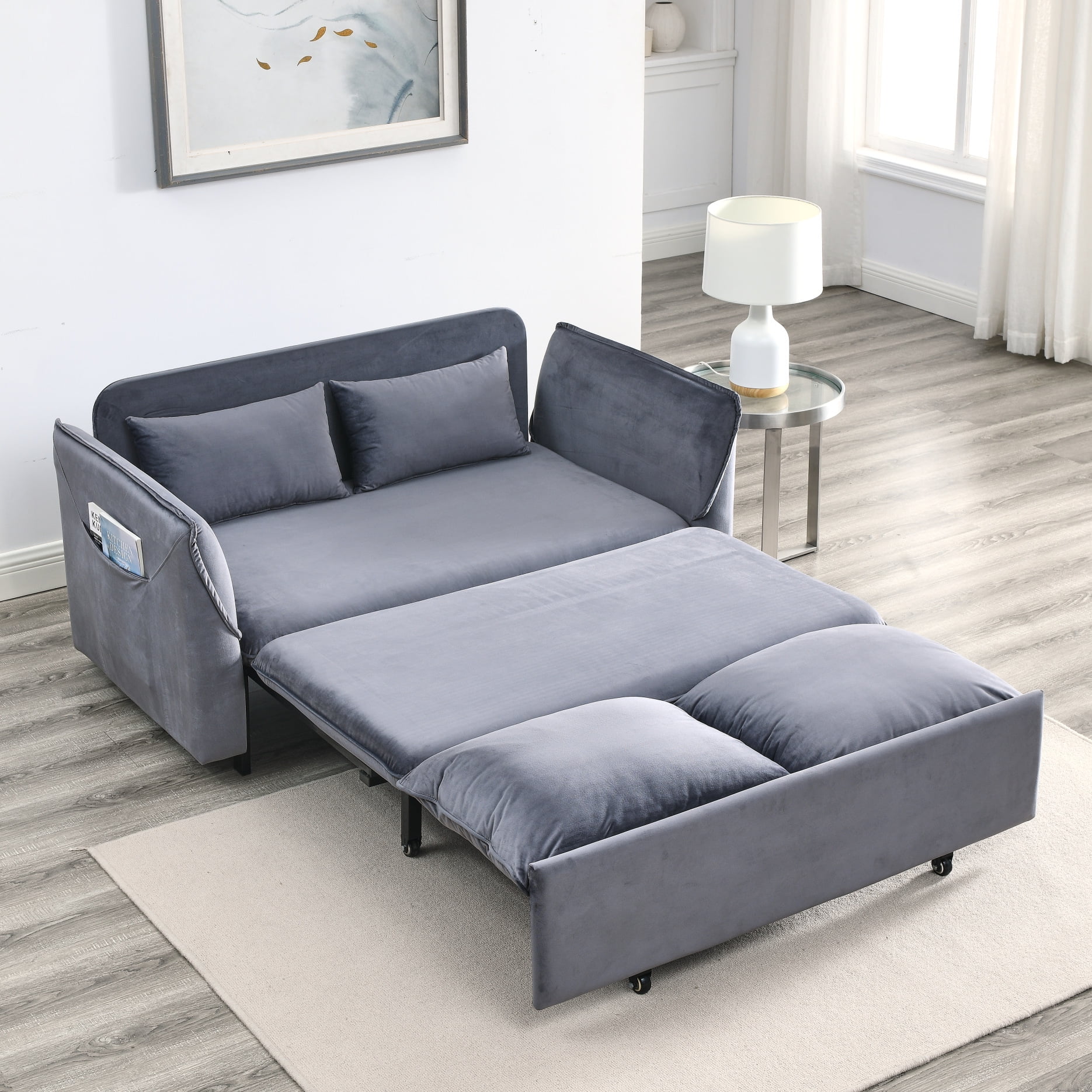 Velvet Futon Sofa Bed, PullOut Loveseat Sleeper with 2 Detachable Arm