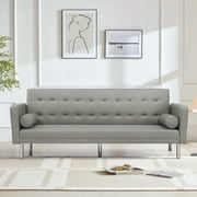Velvet Futon Sofa Beds, 68.5" Upholstered Convertible Sofa Couch, Recliner Modern Tufted Back Futon with 2 Pillows Removable Square Armrests for Living Room Small Space Apartment,Gray