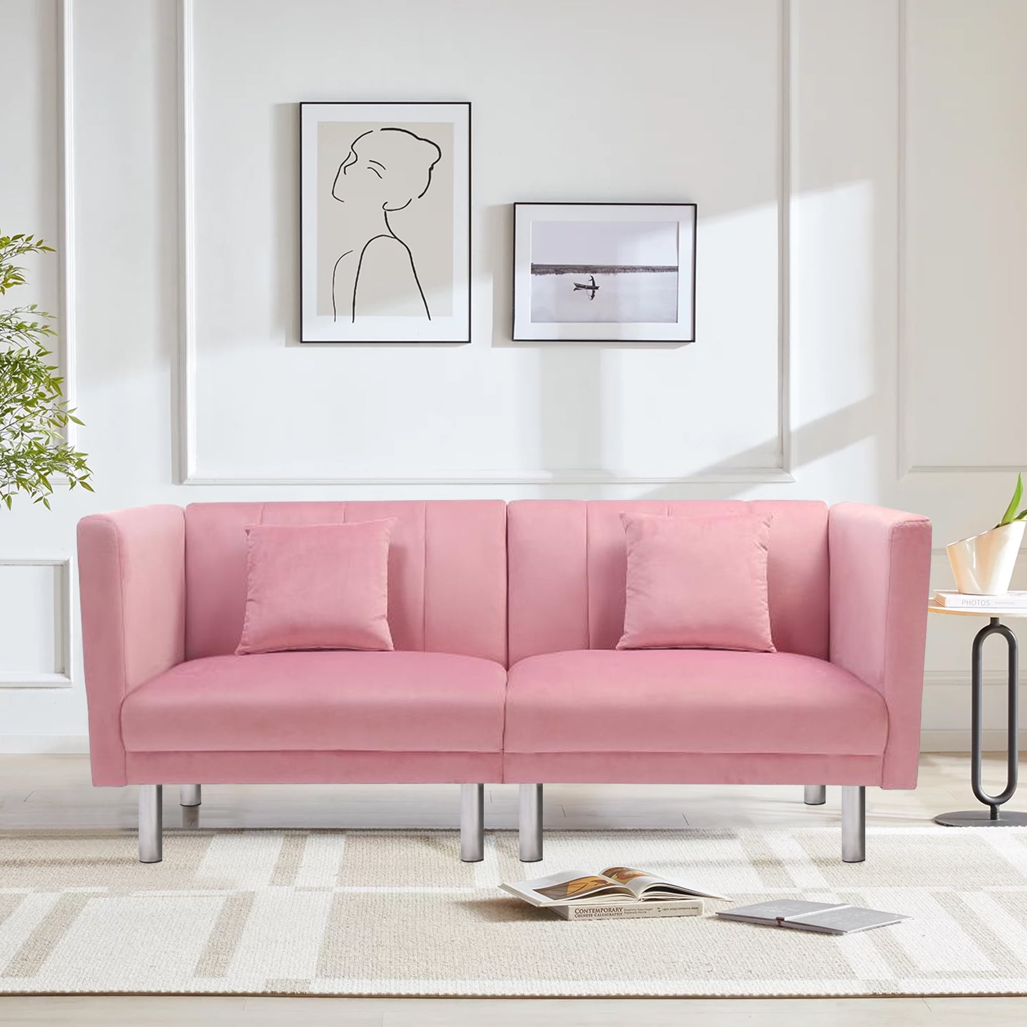 Velvet Futon Sofa, Convertible Sofa Bed, Sleeper Couch with Armrest and