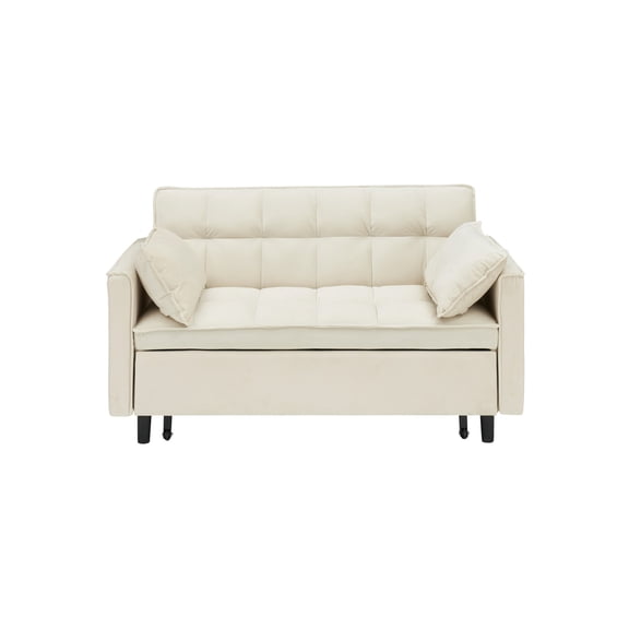 Velvet Futon Sofa Couch with Pullout Bed, 55" Loveseat Sofa Bed with Adjustable Backrest and 2 Pillows, 3 in 1 Convertible Sleeper Sofa with Metal Legs for Living Room Bedroom Office, Beige