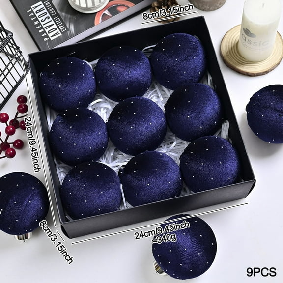 A Velvet Glitter Christmas Ball Set 9 Pieces 8Cm Diameter Navy Blue Hanging Ornaments For Christmas Tree Decorations Holiday Party Decor Shiny Decorative Balls