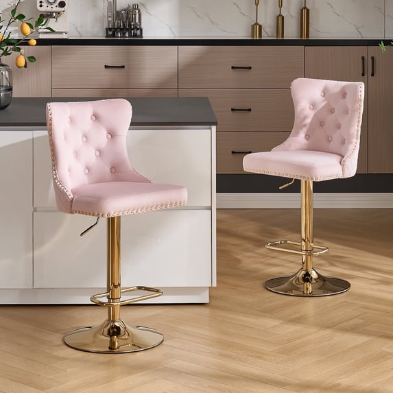 Velvet Gold Bar Stools Set of 2 Modern Counter Height Bar Stools with Lion Pull Ring Tufted Back, Nailhead Upholstered Barstools for Home Kitchen Island, Swivel Adjustable Stool Chair in Pink